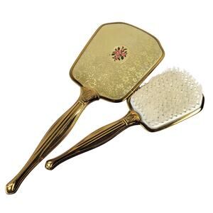 Vintage Gold-Tone Handheld Vanity Mirror Brush Set - Mirror Missing From Frame